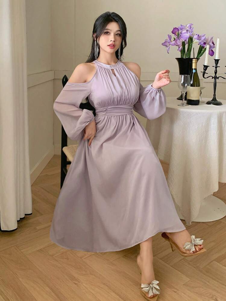 Solid Open Shoulder Ruched Mid-Calf Dress For Women Elegant Sundress,Fall Dress Long Sleeve Dress