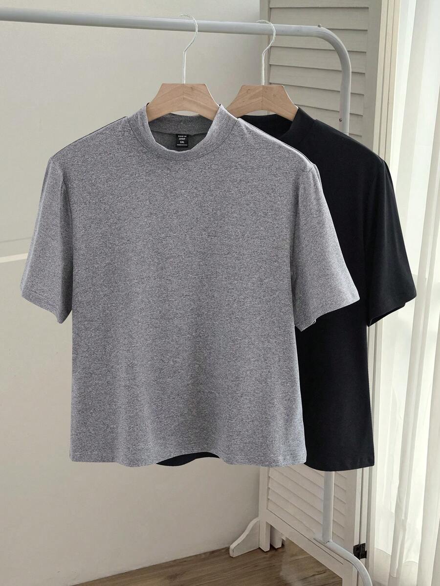 SHEIN EZwear 2pcs/Set Plus Size Women Casual Minimalist Turtleneck, Short Sleeve Top Suitable For Autumn/Winter - Multicolor - View 1