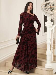 Modelyn 女士优雅花卉植绒网眼不对称领口连衣裙 - 酒紅色 - 查看 1