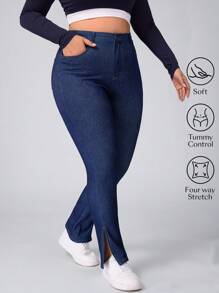 SHEIN Essnce Pantalones largos extra de mezclilla con estiramiento y abertura en el bajo, efecto estilizante, talla grande para mujer - Azul - Ver 1