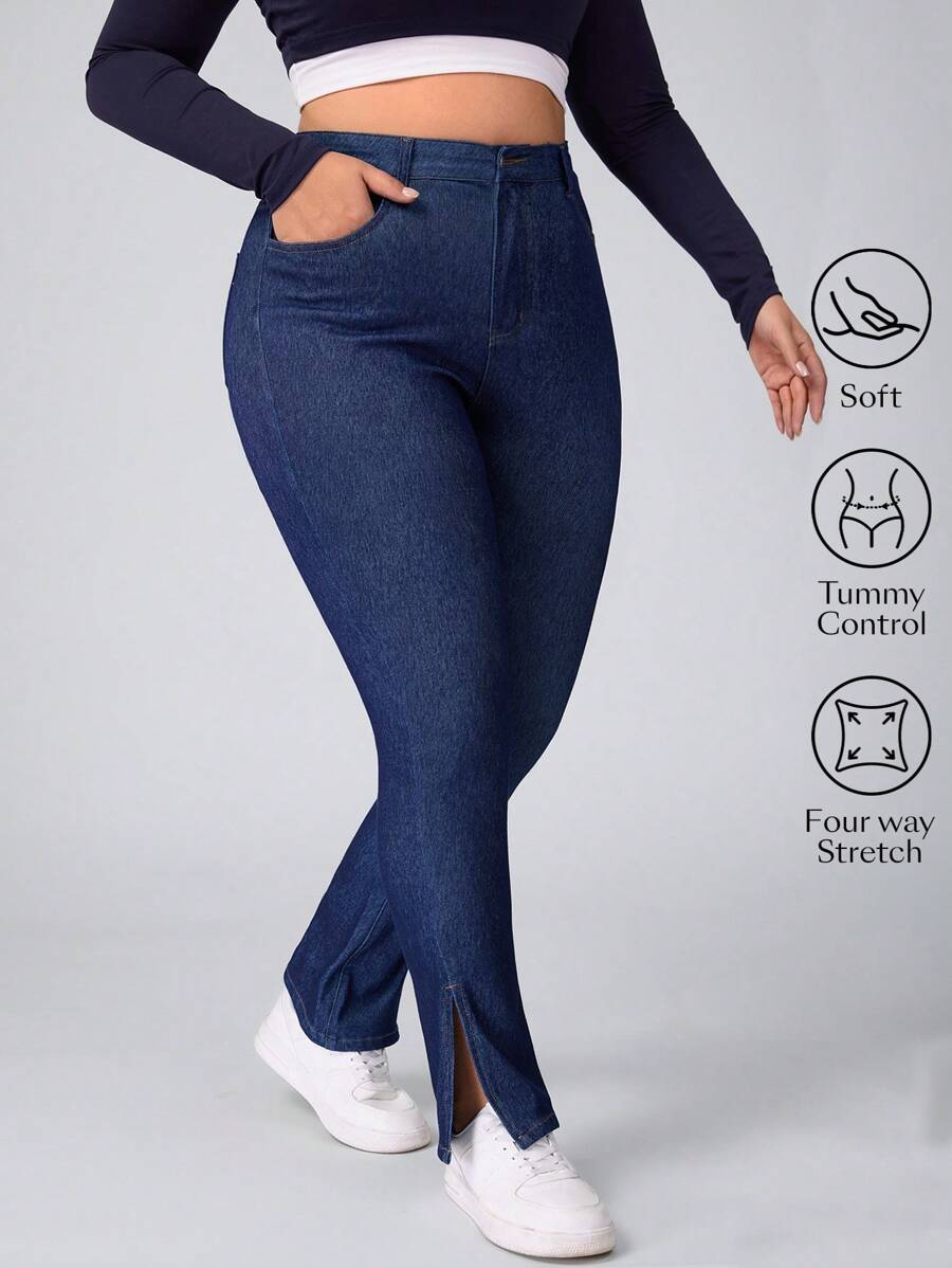 SHEIN Essnce Pantalones largos extra de mezclilla con estiramiento y abertura en el bajo, efecto estilizante, talla grande para mujer - Azul - Ver 1