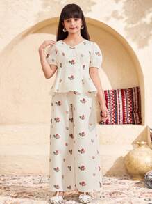 SHEIN Tween Girl 花卉印花优雅背心和直筒裤套装 - 白色 - 查看 5