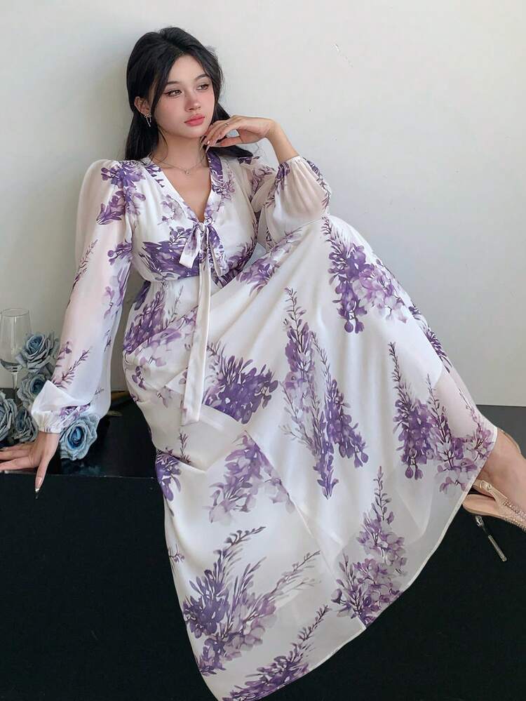 女性用長袖フローラルプリントウエストドレス、秋服クルーズアウトフィットボヘミアン風