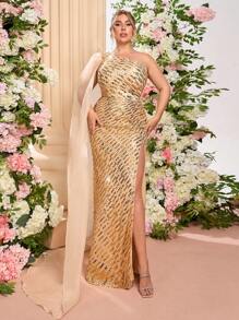 SHEIN X Izzy Darnell Glamrae Váy dự tiệc cưới cỡ lớn thanh lịch gợi cảm vàng cổ bất đối xứng sang trọng sequins nối organza eo cao xẻ cao ôm sát viền đuôi cá, thích hợp cho tiệc cưới lễ kỷ niệm váy dạ hội, váy trang trọng, váy dạ hội - Rượu sâm banh - Xem 5