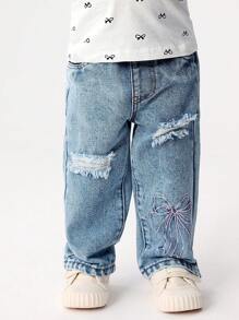 Baby Girl Y2K Urban Street Boho Cool Baby Girl Cute Pink Bow Knot Embroidery Detail Light Wash Stone Wash Destroy Ripped Detail Loose Fit Straight Jeans, Fully Elastic Waistband And Flat Pockets. - Light Wash - View 4
