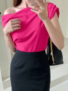 DAZY Casual Solid Color Asymmetrical Ruched Collar T-Shirt,Crop Tops Women - Hot Pink - View 8