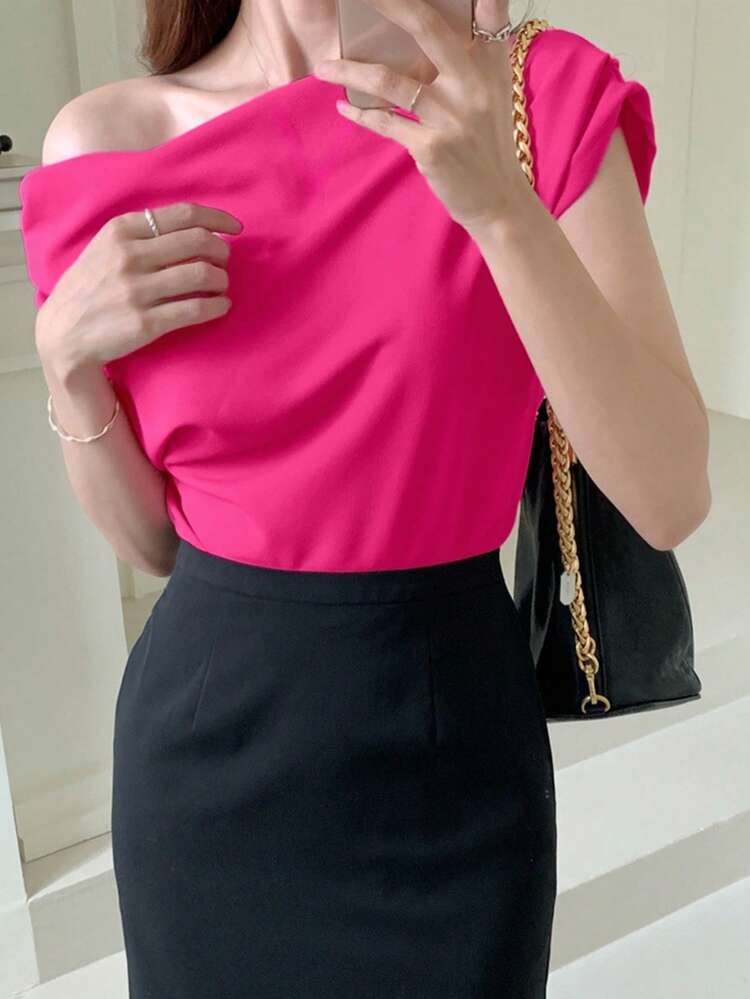Casual Solid Color Asymmetrical Ruched Collar T-Shirt,Crop Tops Women