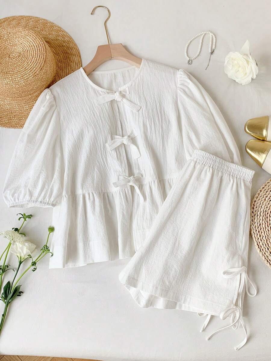 SHEIN Comfortcana 2 件套白色编织系带短袖女式衬衫和短裤 - 白色 - 查看 1