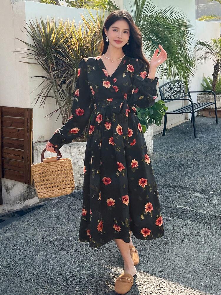 Women's Floral Print Long Sleeve Elegant Mid-Length Dress, Suitable For Vacation,Fall Dress Maxi Dress Boho
