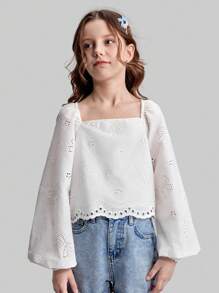 Ontre Tween Girl 复古花卉方领泡泡袖刺绣可爱蝴蝶结镂空短款上衣，休闲套头衬衫，适合夏季和春季 - 白色 - 查看 5