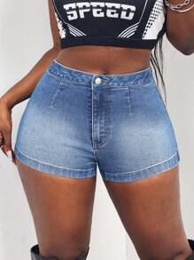 SHEIN Slayr 女士纽扣腰部设计休闲紧身牛仔短裤 - 藍色 - 查看 1