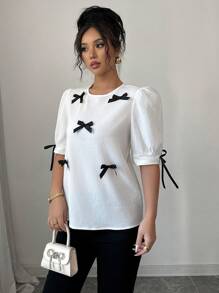 Elenzga 复古蝴蝶结泡泡袖设计宽松小众圆领短袖女衬衫