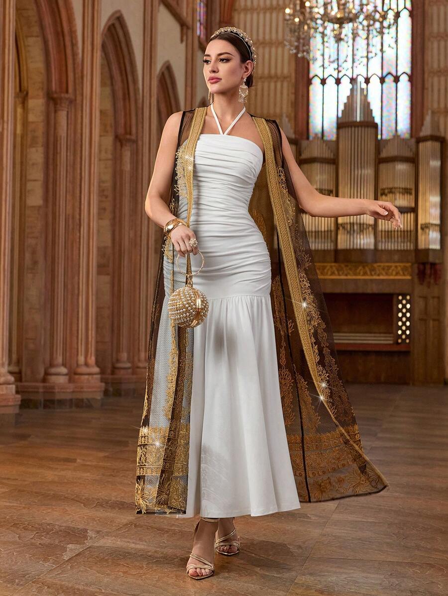 Al Najma 女式拼布丝带和网眼无袖外套和挂脖连衣裙阿拉伯风格套装 - 彩色 - 查看 1