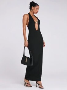 SHEIN BAE Vestido de mujer con cuello de halter y espalda descubierta con decoración de metal, perfecto para la playa, vacaciones y días festivos en la playa