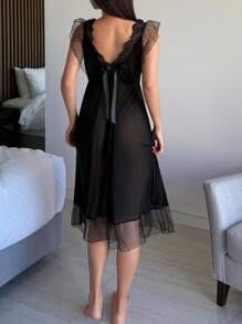 DAZY Cămașă de noapte cu decolteu în V adânc din dantelă din plasă transparentă pentru femei