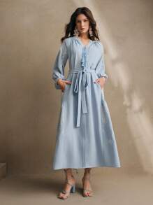 Anewsta Embroidered Loose Lace-Up Tassels Design Hollow Out Maxi Dress, Boho Spring Outfits For Women - Blue - View 5