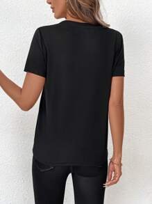 SHEIN LUNE Women'sSummer Knitted V-Neck Short Sleeve Golden Zipper Fake Pocket Casual T-Shirt
