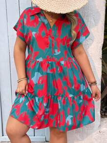 SHEIN VCAY Abito casual con stampa all-over e maniche a pipistrello, per taglie forti, adatto per le vacanze - Multicolore - Visualizzare 5