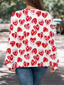 SHEIN LUNE Plus Size Women's Casual All Over Printed Pattern Loose Fit Round Neck Long Sleeve T-Shirt, Suitable For Valentine's Day