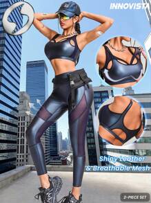 Innovista Women's 2 Pieces Shiny Leather Active Set: Breathable Mesh Cutout Workout Set For Women Gala Night