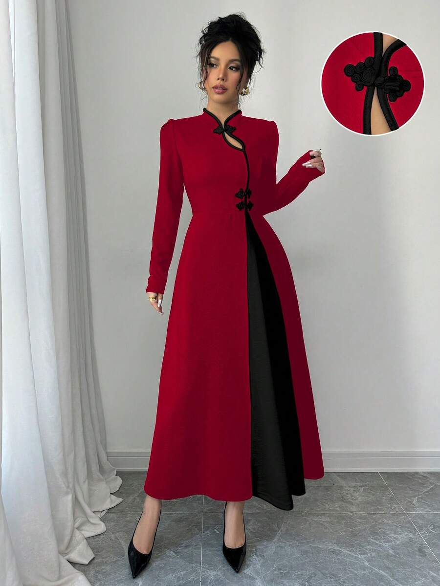 Rafferiza 女士复古泡泡袖优雅黑白拼布纽扣连衣裙长款女装 - 紅色 - 查看 1