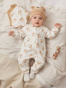 Cozy Pixies 新生女婴 4 件套：卡通熊针织柔软连帽连体衣、长裤、围兜和帽子