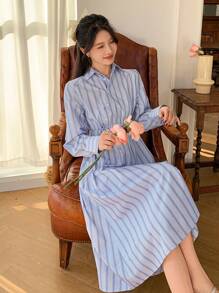 DAZY Striped Loose Asymmetrical Belted Midi Shirtdress For Women Sundress,Casual Women Dresses,Fall Dress,Teacher Outfits Long Sleeve Dress