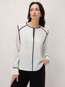 BizChic 女士白色通勤衬衫，带黑线图案分割，优雅长袖衬衫，适合春夏季，毕业