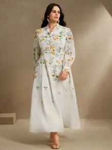 Anewsta Damen Große Größen elegantes Blume Muster Stehkragen figurbetontes Langarm Kleid, Frühling - Verschiedenfarbig - Übersicht 3
