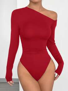 SHEIN EZwear Women Solid Color Asymmetrical Neck Long Sleeve Casual Bodysuit