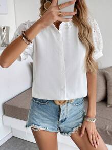 SHEIN LUNE Áo cánh cổ bẻ tay ngắn cắt laser thêu thanh lịch cho nữ - trắng - Xem 4