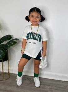 Conjunto de top de manga corta de cuello redondo y pantalones cortos de punto liso para niña, estilo deportivo callejero, primavera/verano - Verde - Ver 5