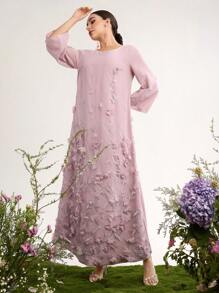 Al Najma 高级定制 3D 刺绣浪漫优雅女士奢华中长连衣裙，端庄 - 粉色 - 查看 1