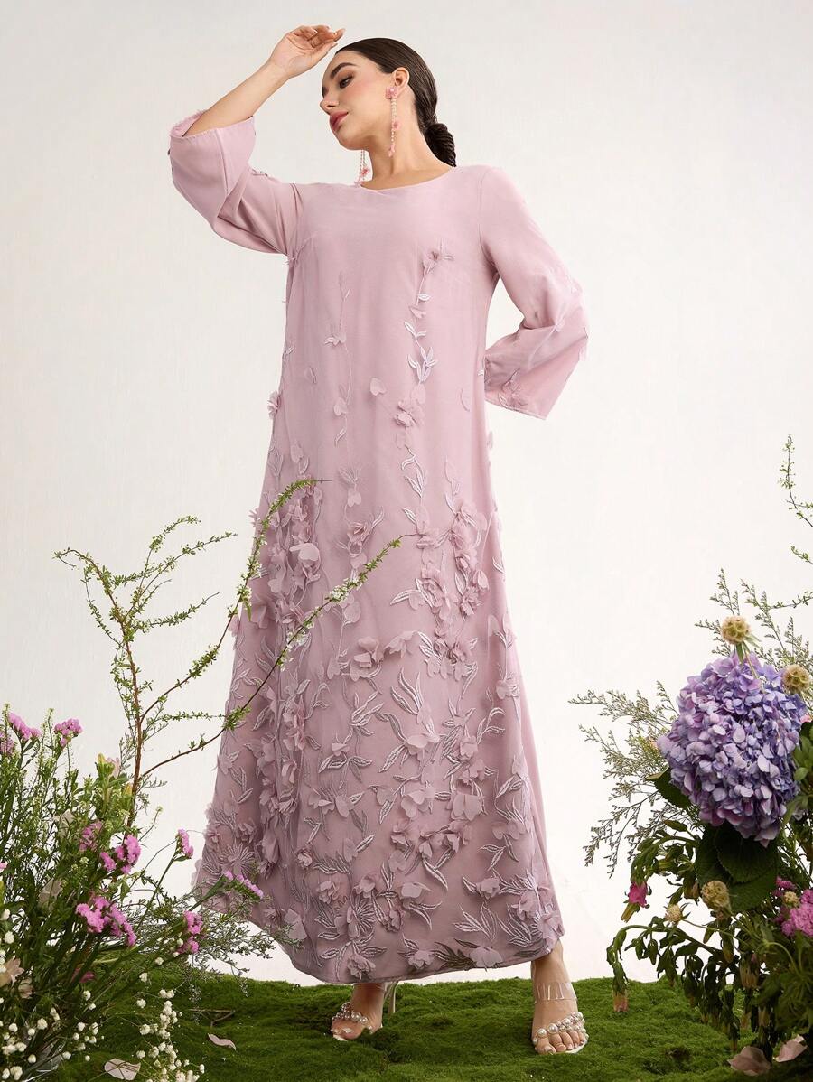 Al Najma 高级定制 3D 刺绣浪漫优雅女士奢华中长连衣裙,端庄 - 粉色 - 查看 1