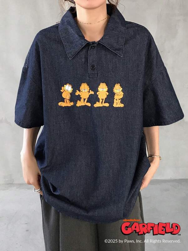 FRIFUL Garfield X FRIFUL Women's Cartoon Print Drop Shoulder Polo Collar Denim Blouse