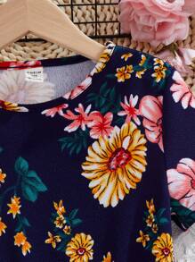 SHEIN Leap Crew SLAYR KIDS Young Girls' Casual Fashion Knitted Printed Round Neck Short Sleeve Mini Dress - Multicolor - View 5