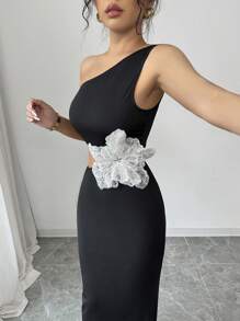 Elenzga Vestido ajustado con perlas caladas y escamas, vestido de punto floral bordado glamoroso de longitud hasta el suelo