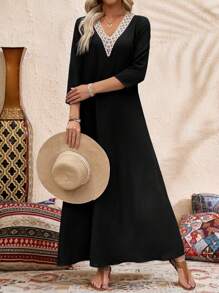 EMERY ROSE Women's Contrast Lace V-Neck Long Sleeve Casual Long Dress