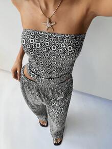 Forever 21 Holiday Boho Black And White Printed Strapless Top Casual Pants - Black and White - View 4