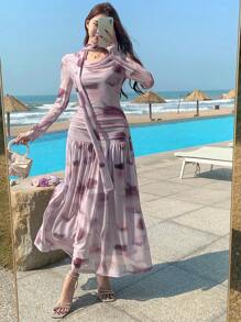 DAZY 女式垂坠领长袖花卉印花褶皱优雅中长连衣裙，秋季连衣裙 - 紫色 - 查看 8