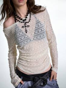 SHEIN EZwear Áo thun dệt kim Jacquard co giãn Y2K hở vai dễ thương cho nữ mùa xuân/hè màu trắng dành cho lễ hội âm nhạc - trắng - Xem 6