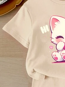 SHEIN Leap Crew 女宝宝休闲简约短袖短裤套装，适合夏季 - 杏色 - 查看 4