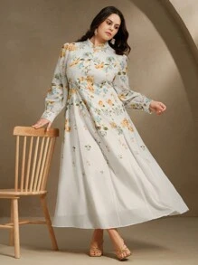 Anewsta Damen Große Größen elegantes Blume Muster Stehkragen figurbetontes Langarm Kleid, Frühling - Verschiedenfarbig - Übersicht 4