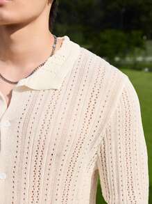 Manfinity Hypemode Herren einfarbiger Cardigan mit Hohlstruktur, langärmelig, Einzelreiher, Lässig, Herren gehäkeltes Hemd, Herren Strickhemd, Herren Knopfleistenstil - Weiss - Übersicht 2