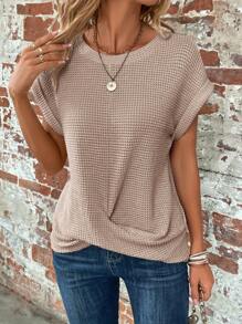 SHEIN Clasi Women Plus Size Summer Solid Color Crew Neck Batwing Sleeve Knot Hem Waffle Casual T-Shirt