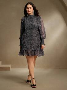 Anewsta 女式大码编织金银丝透视雪纺时尚印花袖领荷叶边黑色优雅长袖连衣裙波西米亚风，女士春季服装 - 黑色 - 查看 5