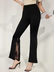 Modelyn 女士撞色蕾丝喇叭优雅裤 - 黑色 - 查看 3