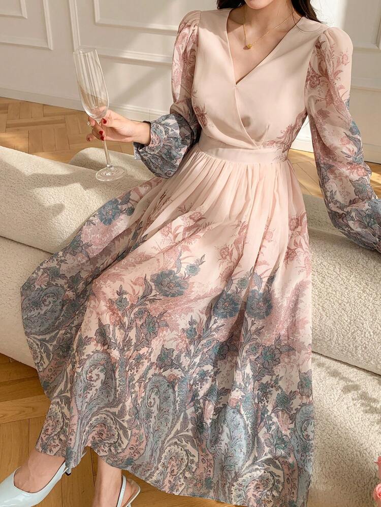 Knee-Length Floral Print Square Neck Dress For Women Elegant, Ruffle, Dress For Wedding, Fall Dress Long Sleeve Dress Easter Dress