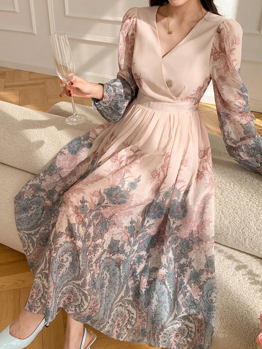 DAZY Đầm dài đến đầu gối in hoa, cổ vuông, dành cho nữ, thanh lịch, xếp nếp, thích hợp cho đám cưới, mùa thu, tay dài, lễ Phục sinh. - Hồng - Xem 1