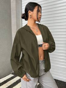 SHEIN EZwear Chaqueta con capucha con cremallera para mujer con detalles bordados con letras
